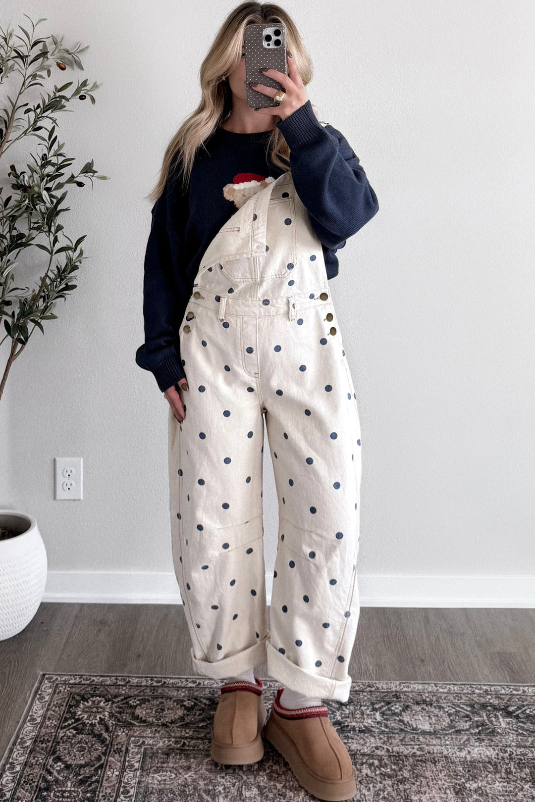 Phalaenopsis Polka Dot Print Bib Pocket Denim Barrel Overalls Jumpsuit