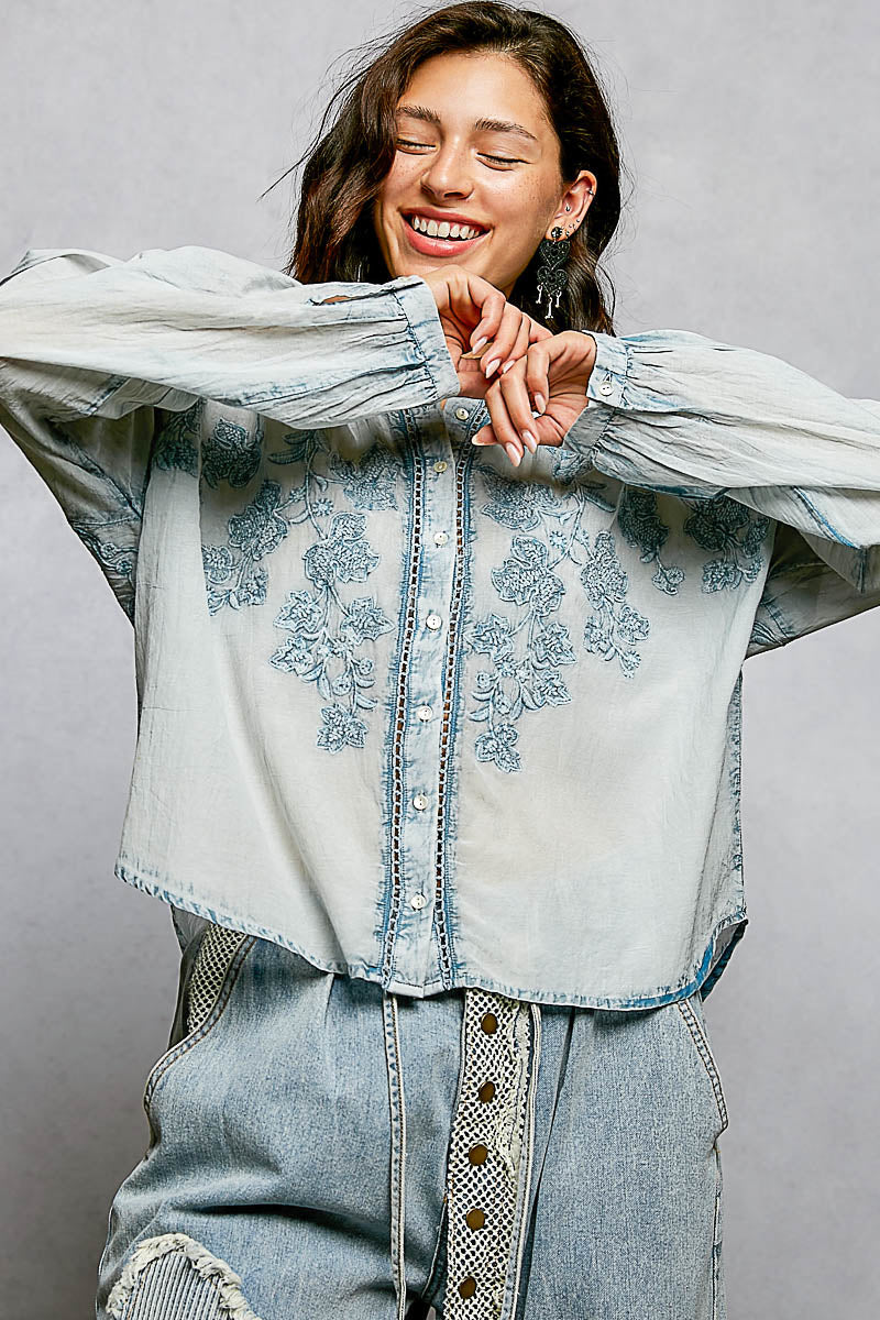 POL Floral Embroidered Button Down Long Sleeve Shirt