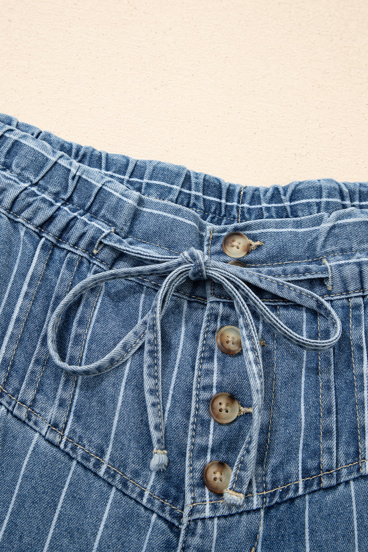 Sky Blue Stripe Button Pleated Drawstring Waist Casual Wide Leg Jeans