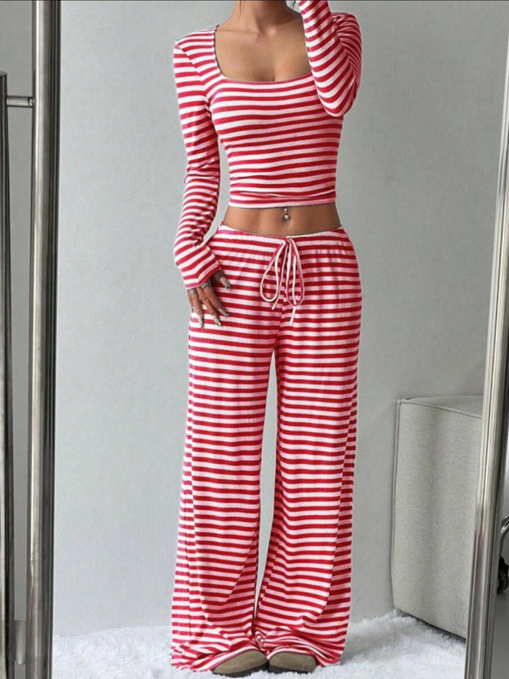 Striped Long Sleeve Crop Top & Wide Leg Pants Set