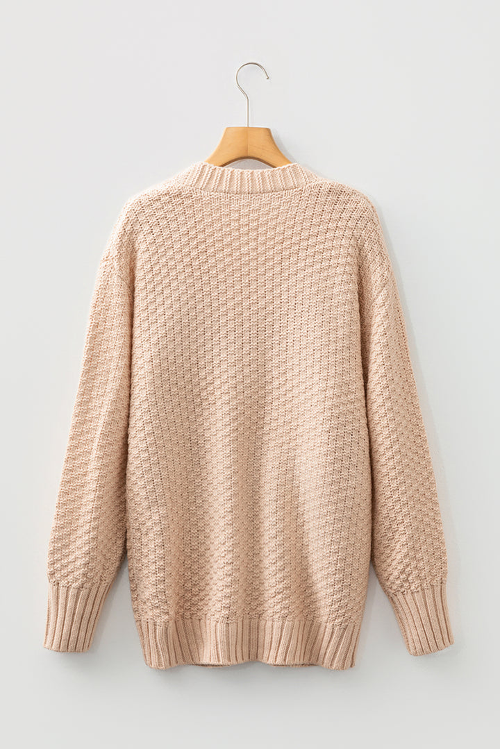 Smoke Gray Open Front Knitted Denim Pocket Patchwork Cardigan