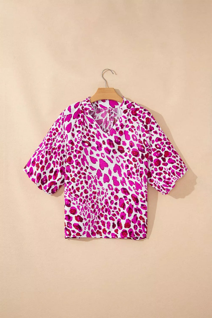 Leopard Print V Neck Puffy Half Sleeve Blouse