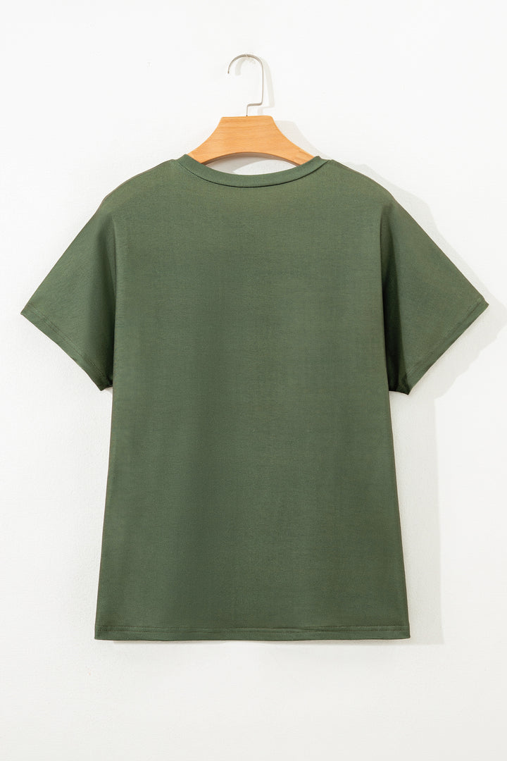 Four Leaf Clover Striped Half Buttons Crew Neck T-Shirt