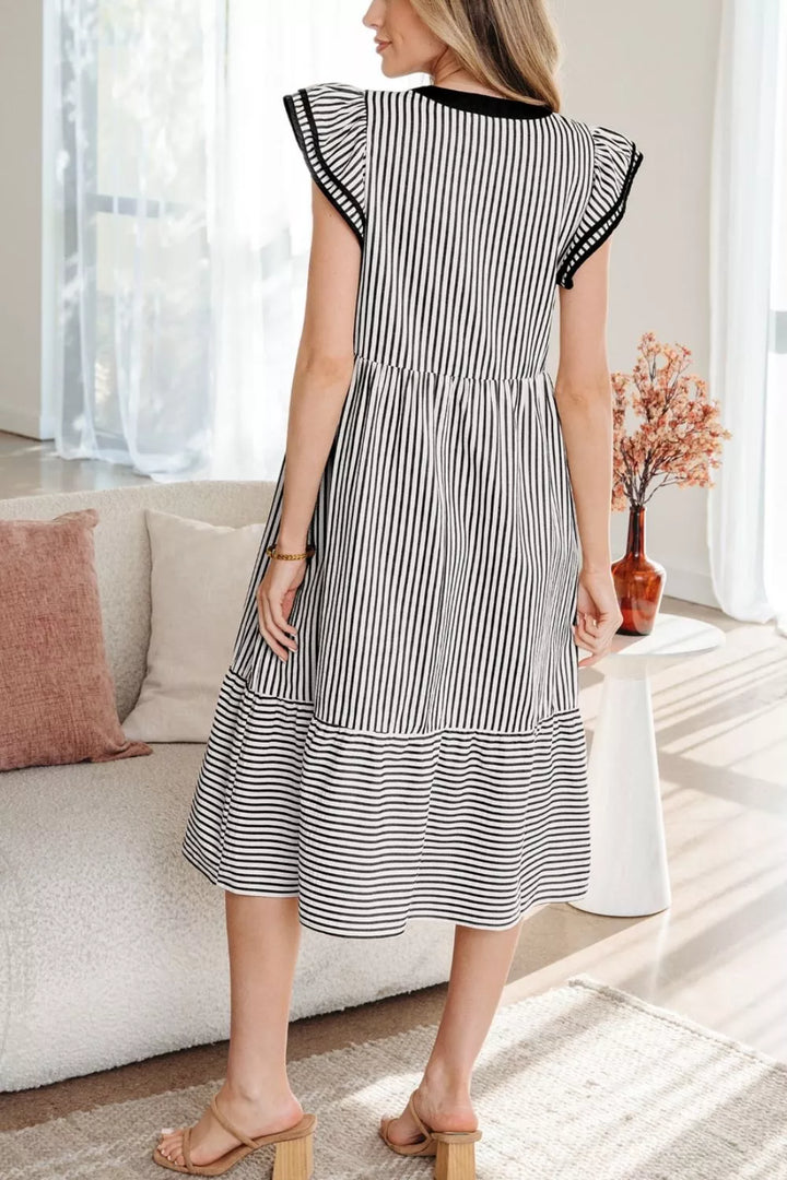 Striped Ruffle Sleeve Tiered Midi Dress