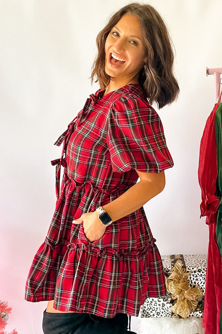 Red Plaid Knot Neck Short Sleeve Mini Shift Dress