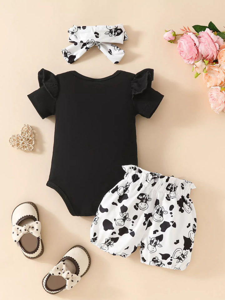 Children's Ruffled Cow Bodysuit and Shorts Set with Headband