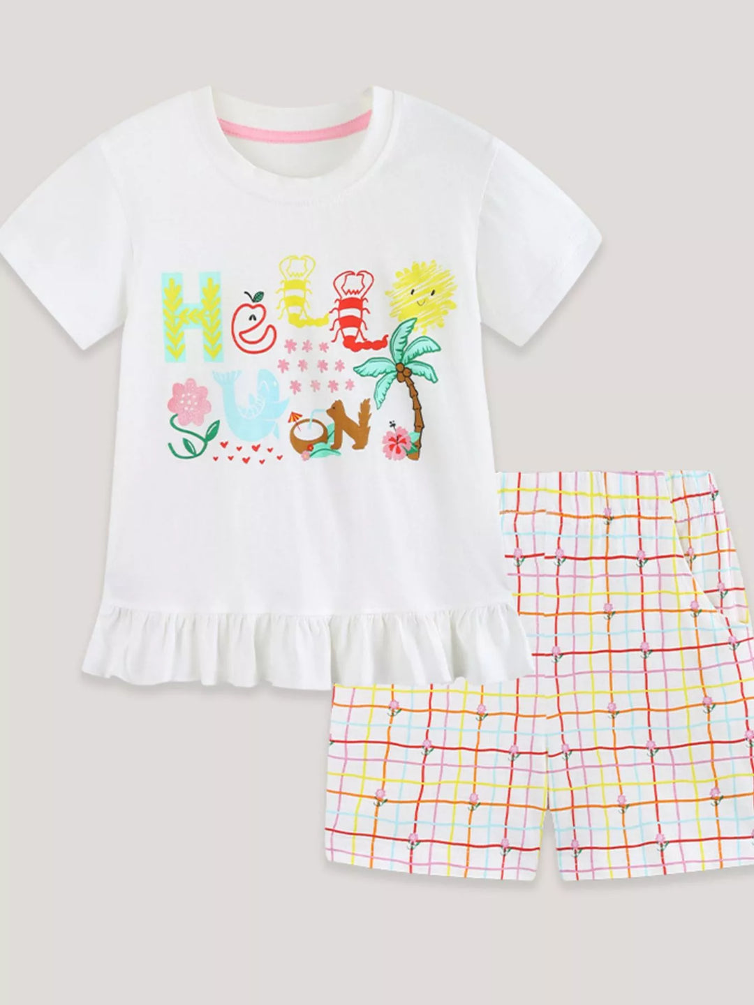 Children's Cartoon Graphic Ruffle Trim Tee & Plaid Shorts Set