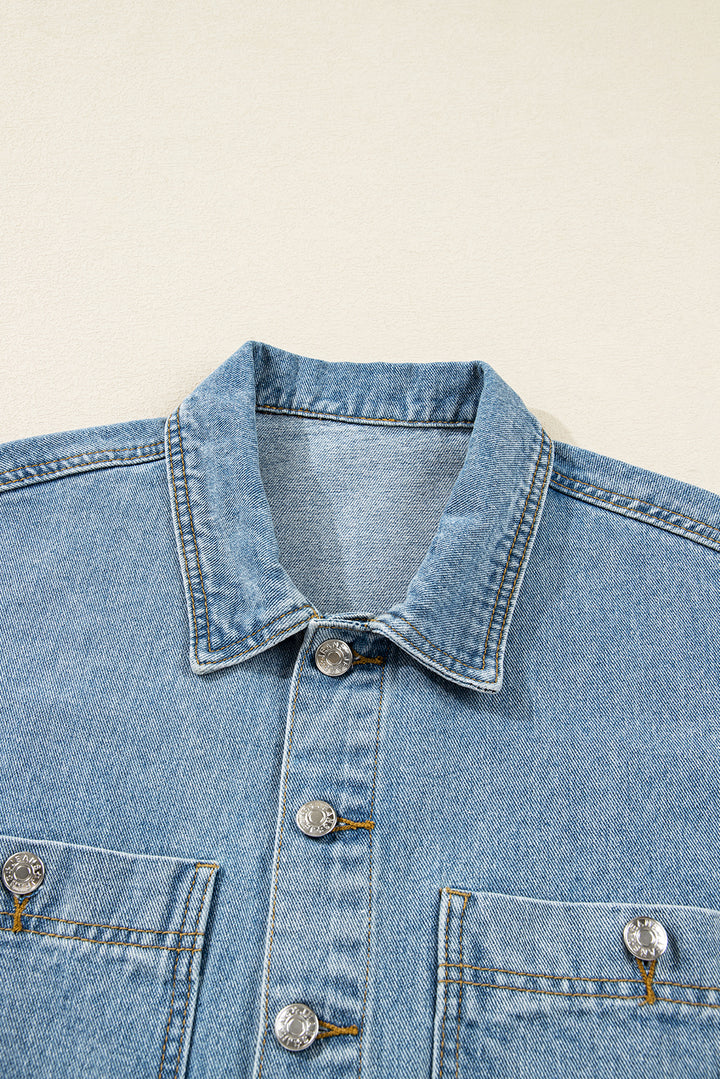 Beau Blue Multi Patched Pockets Side Tie up Boyfriend Style Denim Jacket