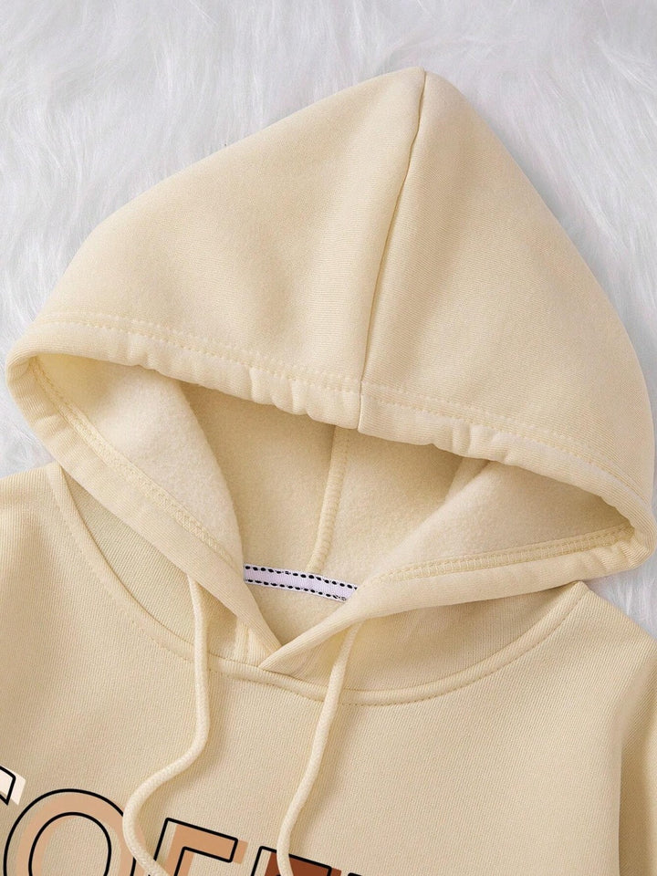 Casual Hooded Sweatshirt With Coffee-themed Lettering Print