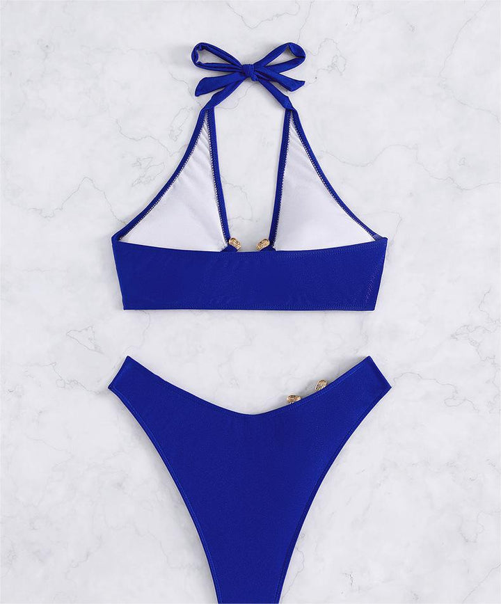 Sexy Split Swimsuit Metal Accessories Bikini Solid Color Tube Top High Waist Women Swimsuit