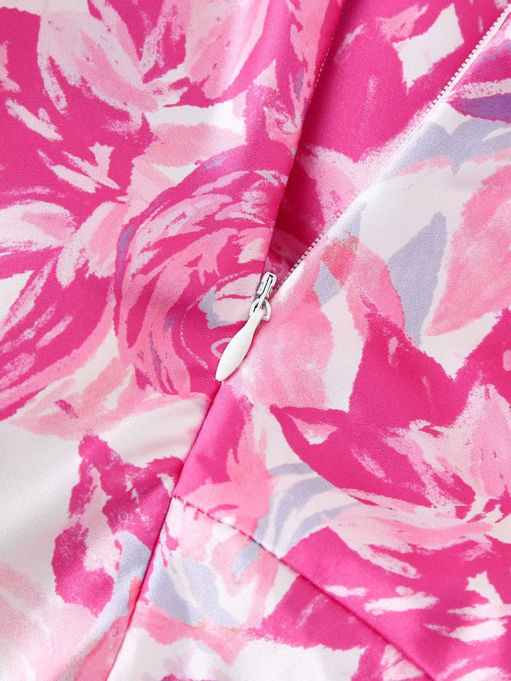 Spring Women Pink Oblique Shoulder Printed Cropped Outfit Sleeveless Dress