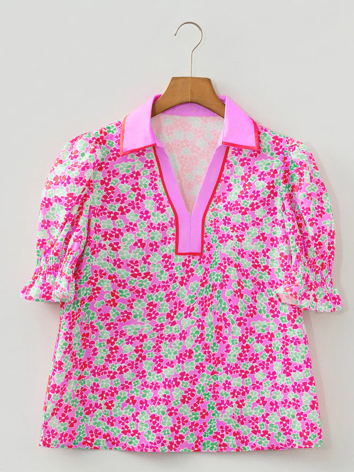 Floral Collared V Neck Short Puff Sleeve Blouse