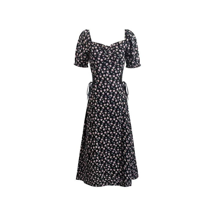 French Retro Square Collar Puff Sleeve Printed Dress Women Slim High Waist Lace up Midi Spring Summer