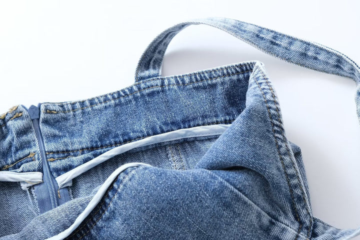Women Clothing French Casual Pleated Washed Denim Dress Chic
