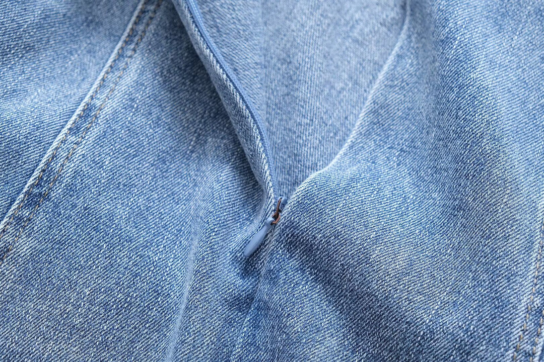 Women Clothing French Casual Pleated Washed Denim Dress Chic