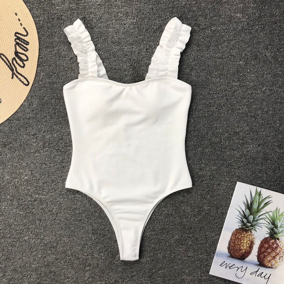 Women Bikini Solid Color Stringy Selvedge Shoulder Strap Sexy Swimsuit