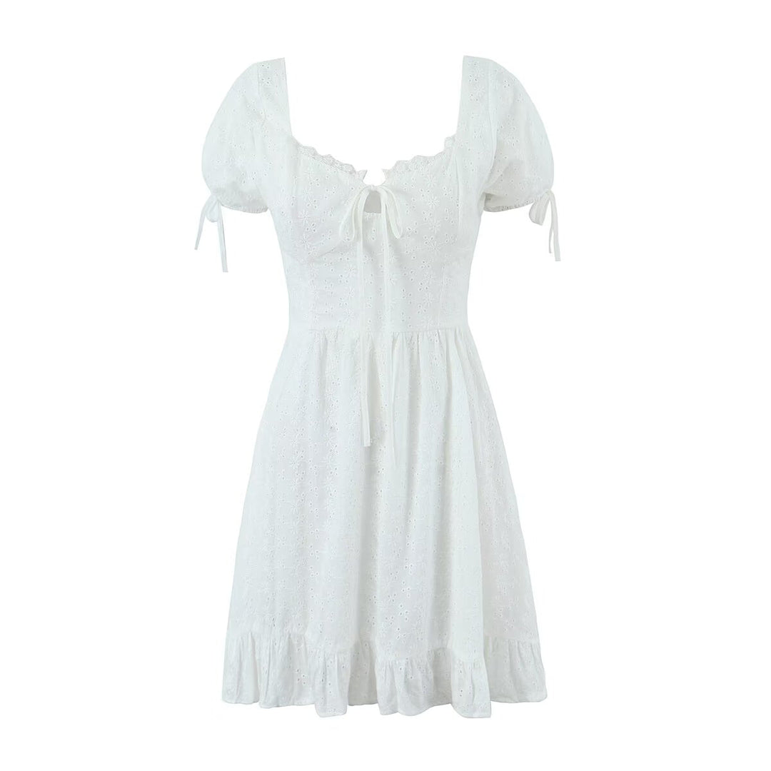 Summer Short Sleeve Ruffled Lace Lace Lace Dress Square Collar Short Dress Women Clothing