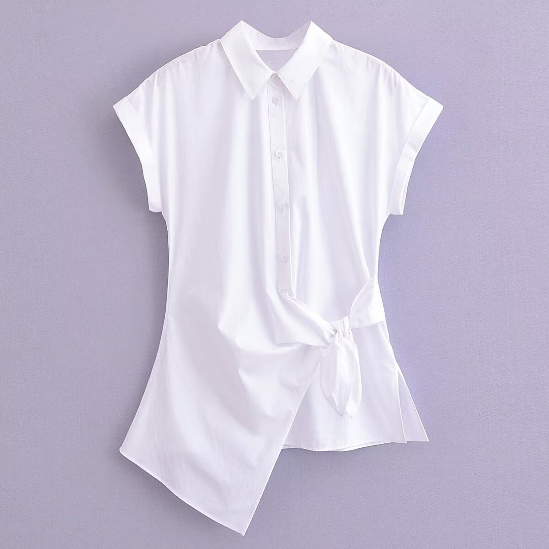 Spring Summer Type Elegant Retro Design Lace up White Shirt Poplin Shirt Women Tops
