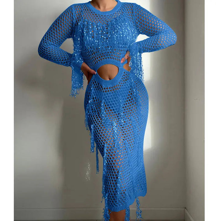 Hollow Out Cutout Knitted Sequin Tassel round Neck Cropped Outfit Long Sleeve Vacation Dress Swimsuit Blouse Sun Protection Clothing Dress Crochet hook