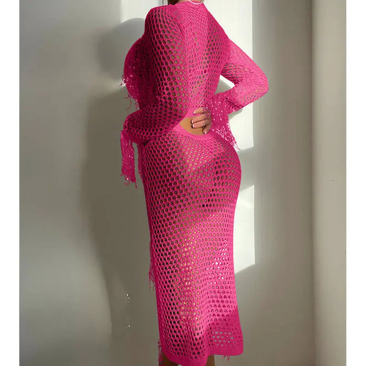 Hollow Out Cutout Knitted Sequin Tassel round Neck Cropped Outfit Long Sleeve Vacation Dress Swimsuit Blouse Sun Protection Clothing Dress Crochet hook