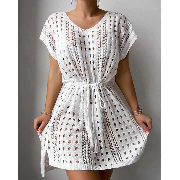 Women Clothes V Neck Hollow Out Cutout Drawstring Slit Sexy Beach Sun Protection Shirt Short Sleeve Loose Blouse Crochet hook