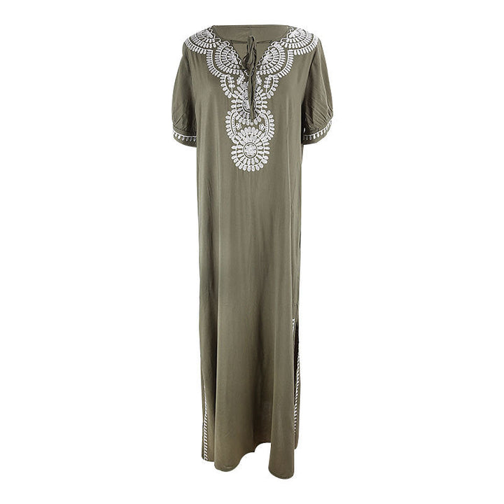 Rayon Army Green Short Sleeve Embroidered Beach Jacket Vacation Robe Beach Cover Up Outer Wear Dress Women