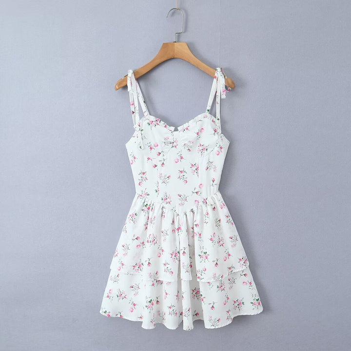 White Floral Strap Dress for Women Summer Sexy Sexy Pure Waist Tight Figure Flattering Puffy Dress