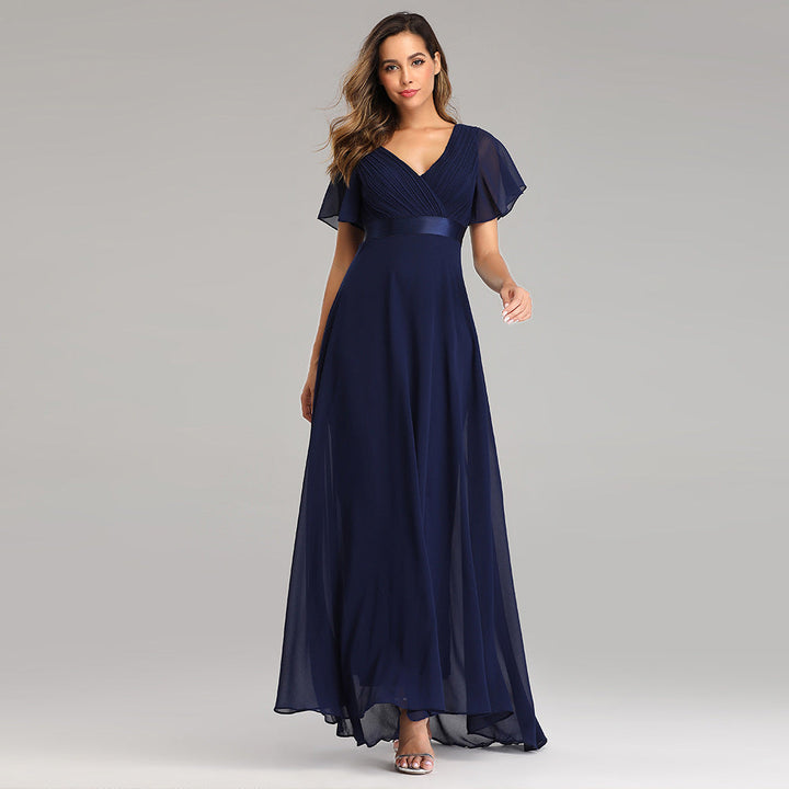 Hand-Folded Large V-neck Dress Chiffon Elastic Banquet Bridesmaid Evening Dress for Women