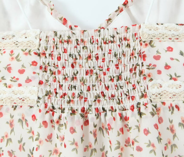 Spring French Pastoral Teenage Casual Suspender Dress V neck Lace Floral Maxi Dress