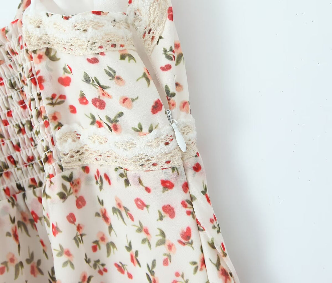 Spring French Pastoral Teenage Casual Suspender Dress V neck Lace Floral Maxi Dress