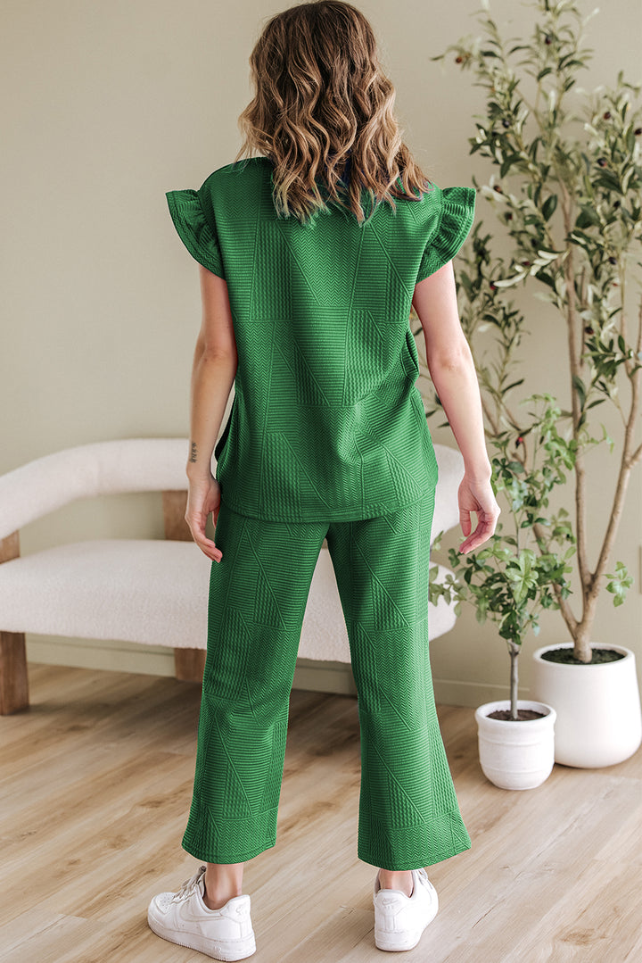 Dark Green Ruffled Sleeve Summer Top and Cropped Loose Pants Set