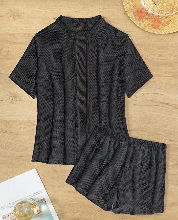 Black Cutout Blouse Split Boxers Bikini Beachwear Women Blouse Swimsuit