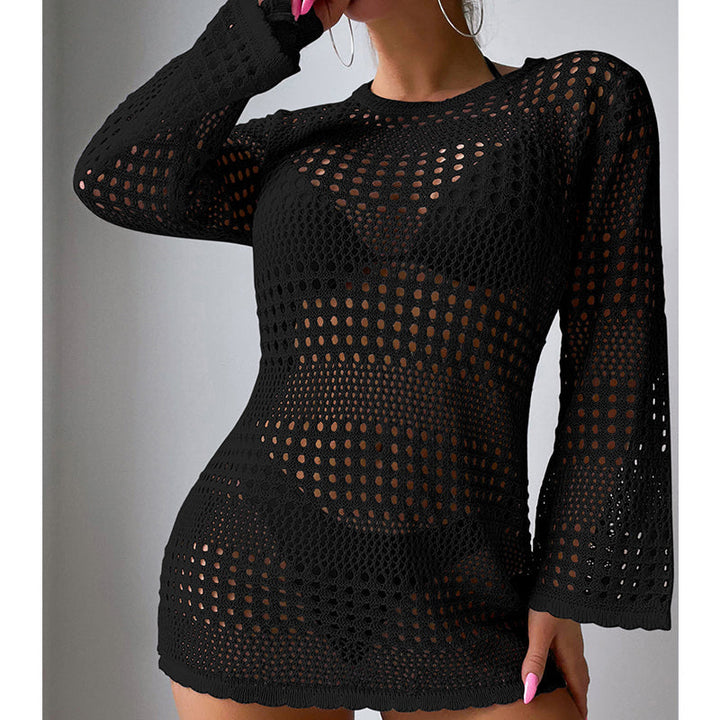 Vacation Casual Hollow Out Cutout Out Long Sleeve Pullover Solid Color Sun Protection Shirt Mid Length Beach Cover Up Crochet hook