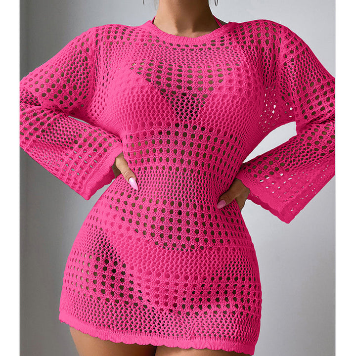 Vacation Casual Hollow Out Cutout Out Long Sleeve Pullover Solid Color Sun Protection Shirt Mid Length Beach Cover Up Crochet hook