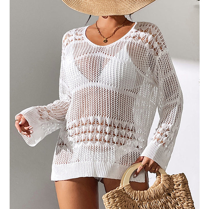 Holiday Sexy Hollow Out Cutout Texture Loose Pullover Sun Protection Shirt Mid Length Beach Blouse Crochet hook