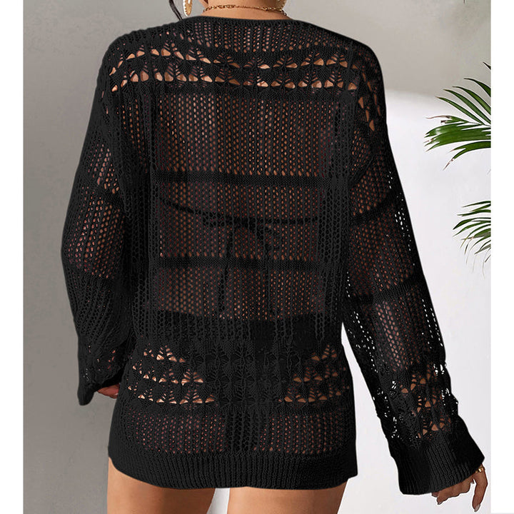 Holiday Sexy Hollow Out Cutout Texture Loose Pullover Sun Protection Shirt Mid Length Beach Blouse Crochet hook