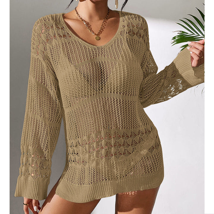 Holiday Sexy Hollow Out Cutout Texture Loose Pullover Sun Protection Shirt Mid Length Beach Blouse Crochet hook