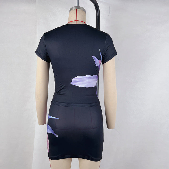 Women Clothing Summer Short Sleeved Printed Hip Skirt Set Women High Grade Suit Two Piece Skirt