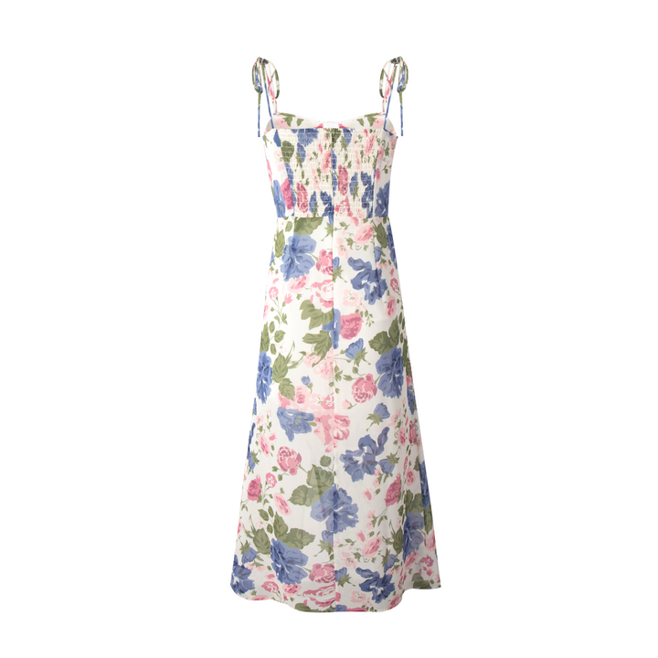French Gentle Floral Print Cami Dress Summer Design Tight Waist Slim Pleated Split Dress