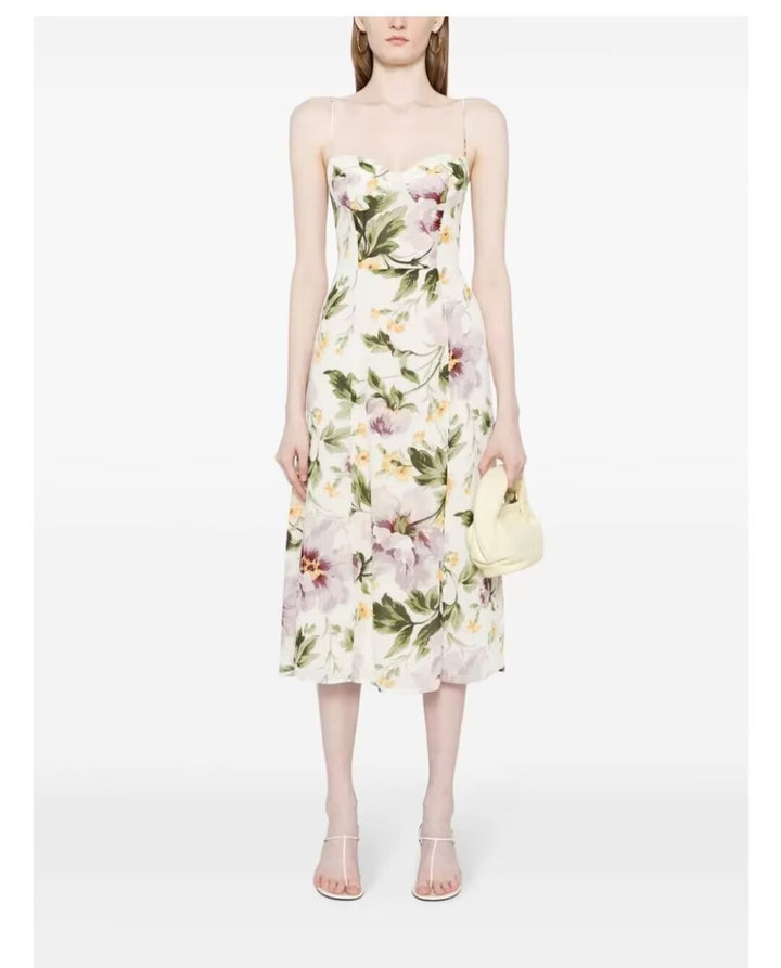 Summer French Vintage Floral Printed High Waist Sexy Side Split Hem Sling Dress