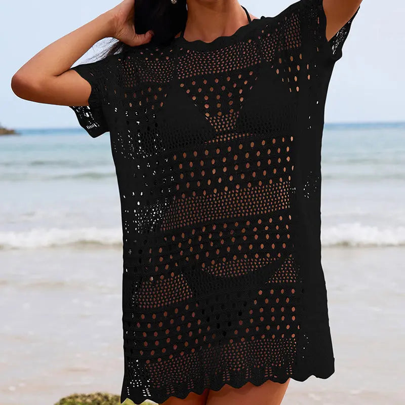 Sexy Hollow Out Cutout Texture Lace Collar Loose Pullover Mid Length Vacation Sun Protection Beach Blouse Crochet hook
