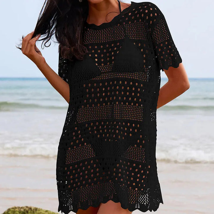 Sexy Hollow Out Cutout Texture Lace Collar Loose Pullover Mid Length Vacation Sun Protection Beach Blouse Crochet hook
