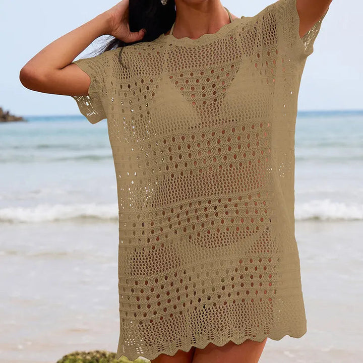 Sexy Hollow Out Cutout Texture Lace Collar Loose Pullover Mid Length Vacation Sun Protection Beach Blouse Crochet hook