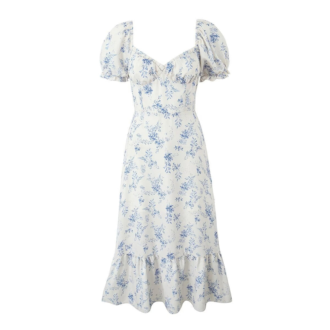 Summer Women Clothing Square Collar Puff Sleeve French Floral Dress Boning Corset Large Holiday Dress
