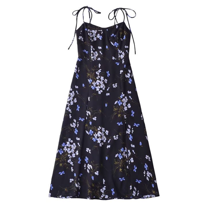 Spring Women Floral Print Vacation Sexy Slit Tied Spaghetti Strap Dress