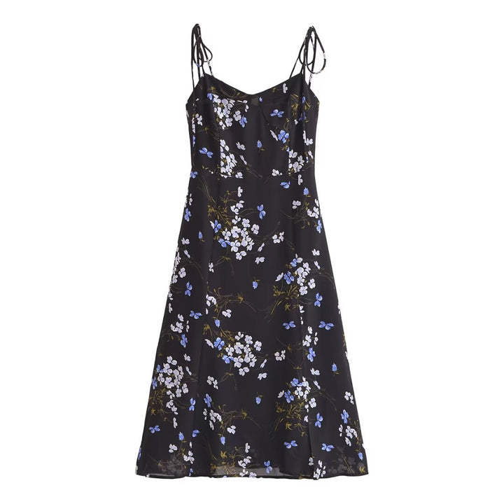 Spring Women Floral Print Vacation Sexy Slit Tied Spaghetti Strap Dress