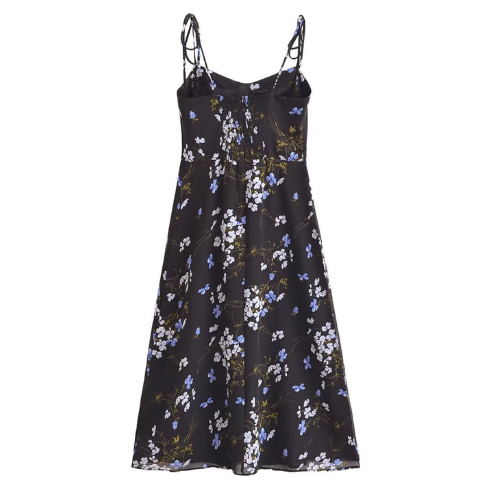 Spring Women Floral Print Vacation Sexy Slit Tied Spaghetti Strap Dress