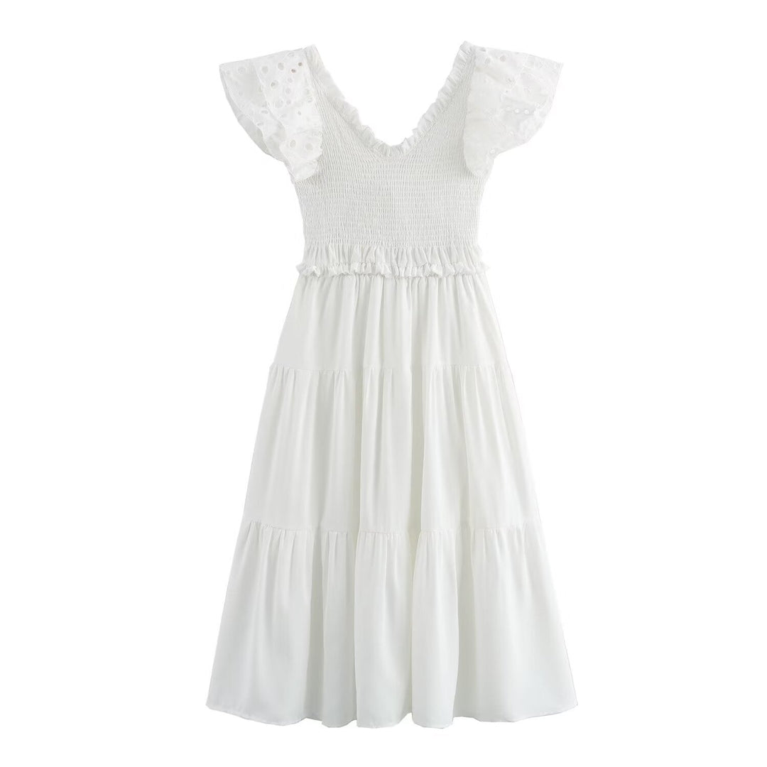 Spring Women Clothing Casual Simple Flying Sleeves Hollow Out Cutout Lace Dress