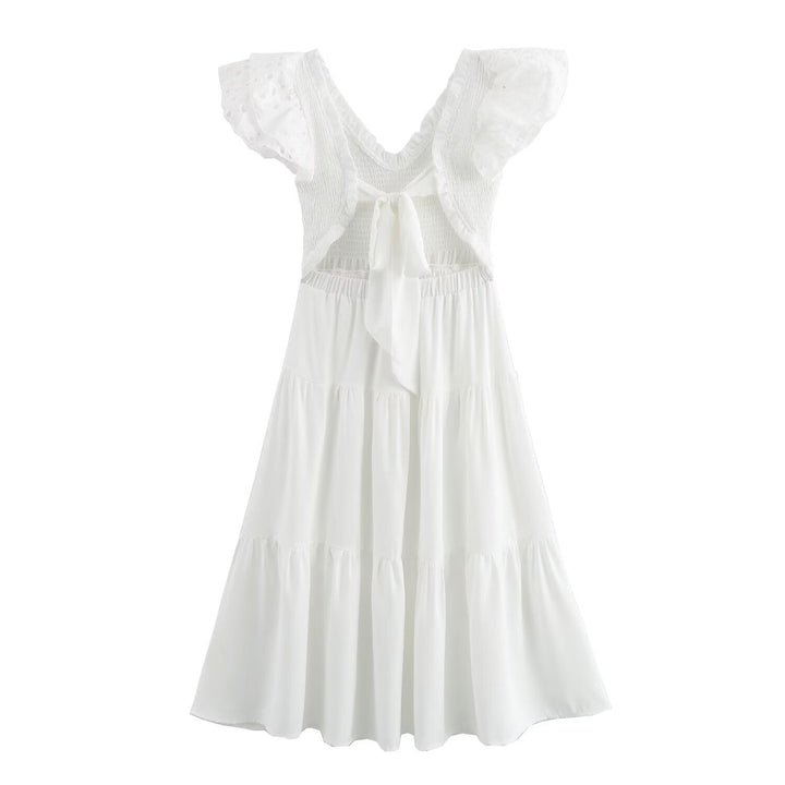 Spring Women Clothing Casual Simple Flying Sleeves Hollow Out Cutout Lace Dress