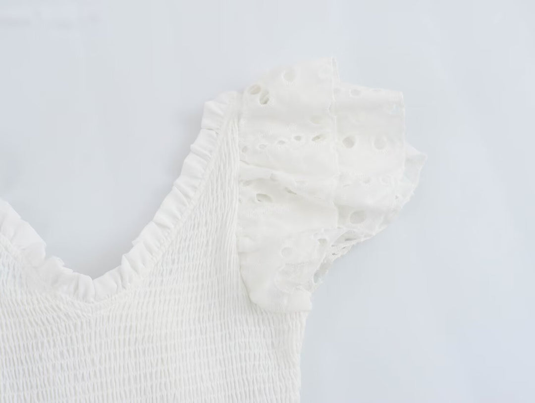 Spring Women Clothing Casual Simple Flying Sleeves Hollow Out Cutout Lace Dress